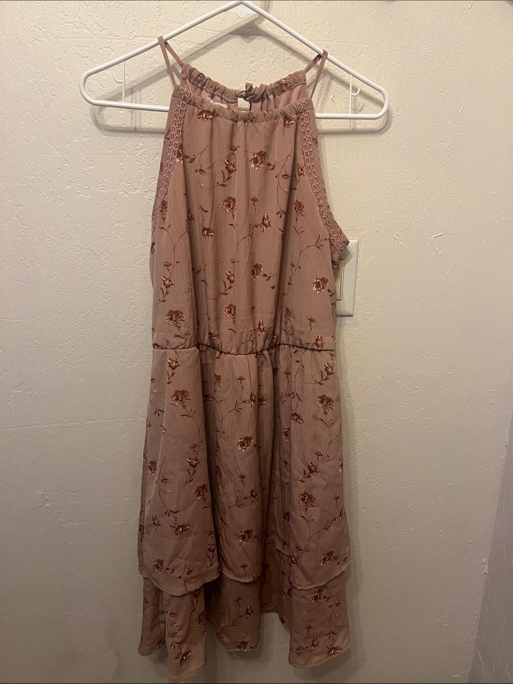 Maurices Rose-Print Mauve Halter Tiered Dress